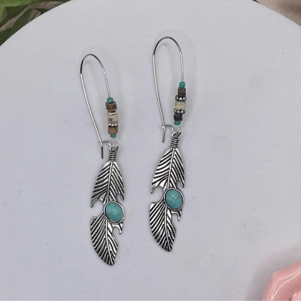 1 LEFT! Silver Beaded Bohemian Turquoise Feather Earrings